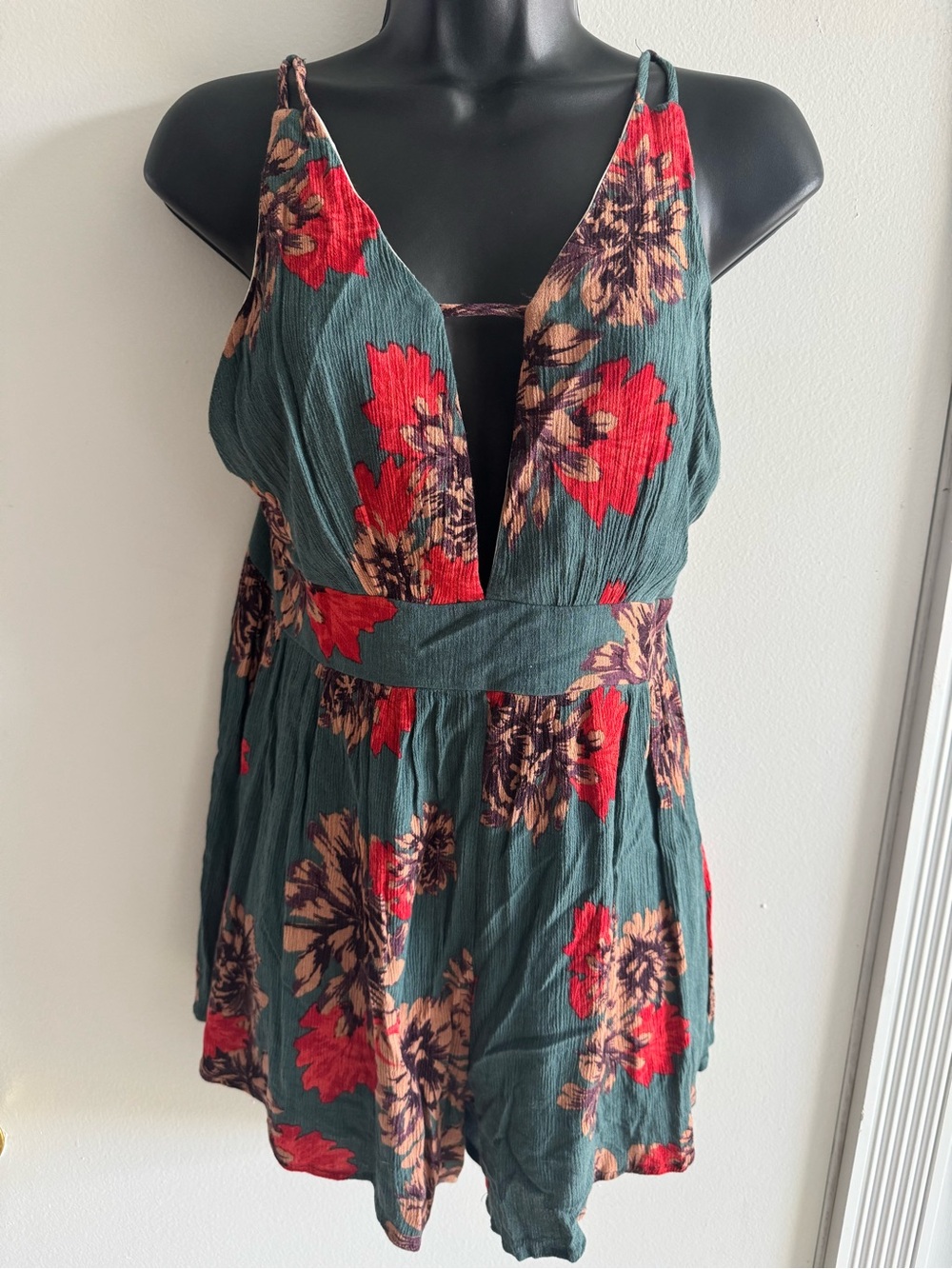 Audrey Floral Plunge V-Neck Romper - Green & Red